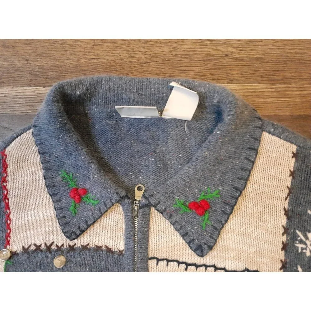 Vintage Womens Embroidered Patchwork Holiday 3D Christmas Zip Size XL Cardigan